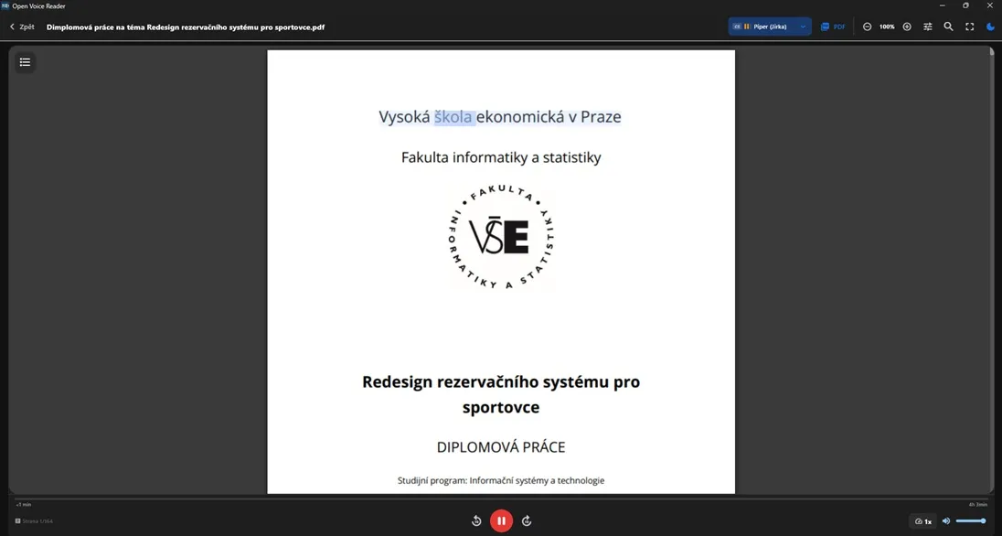 Aplikace Open Voice Reader při čtení PDF