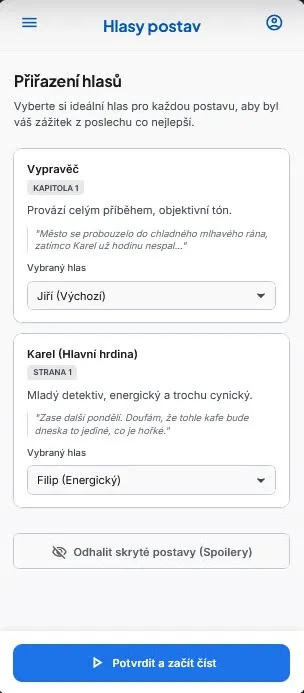 Obrazovka přiřazení hlasů postavám