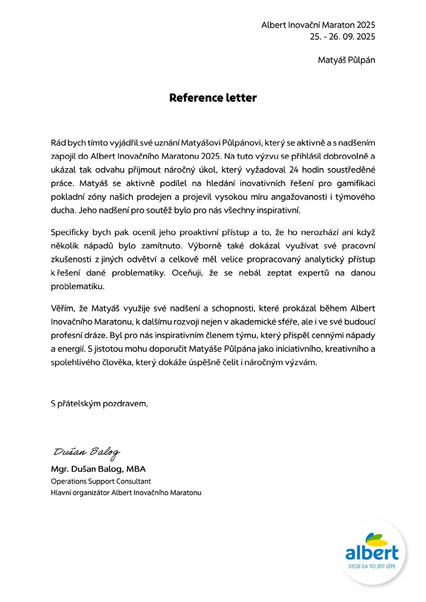 Referenční dopis od organizátora Albert Inovačního Maratonu 2025